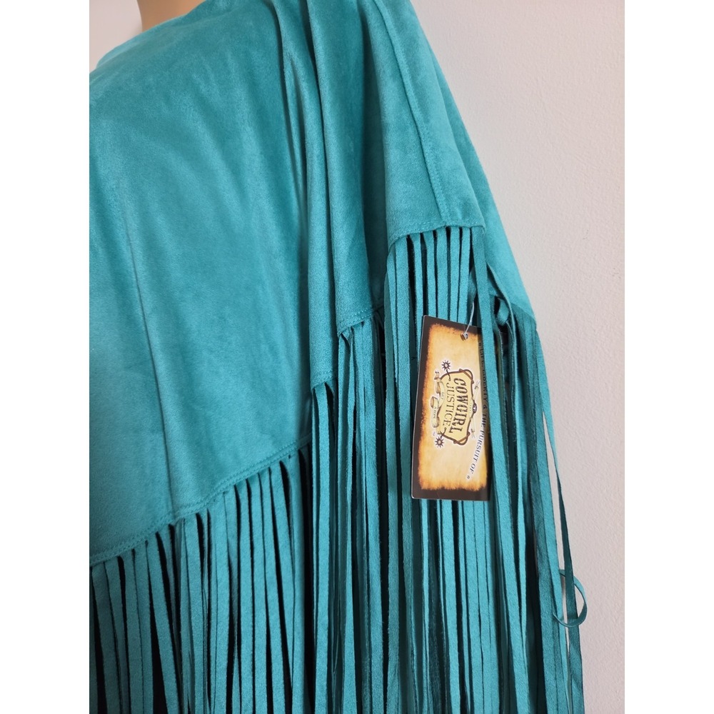 New COWGIRL JUSTICE Western Cowgirl Teal Faux Suede Poncho Long Fringe Large - Picture 2 of 6